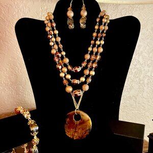 OOAK Handcrafted Gold tone,Triple Strand/Pendant Brown Glass Beads w/ring Set